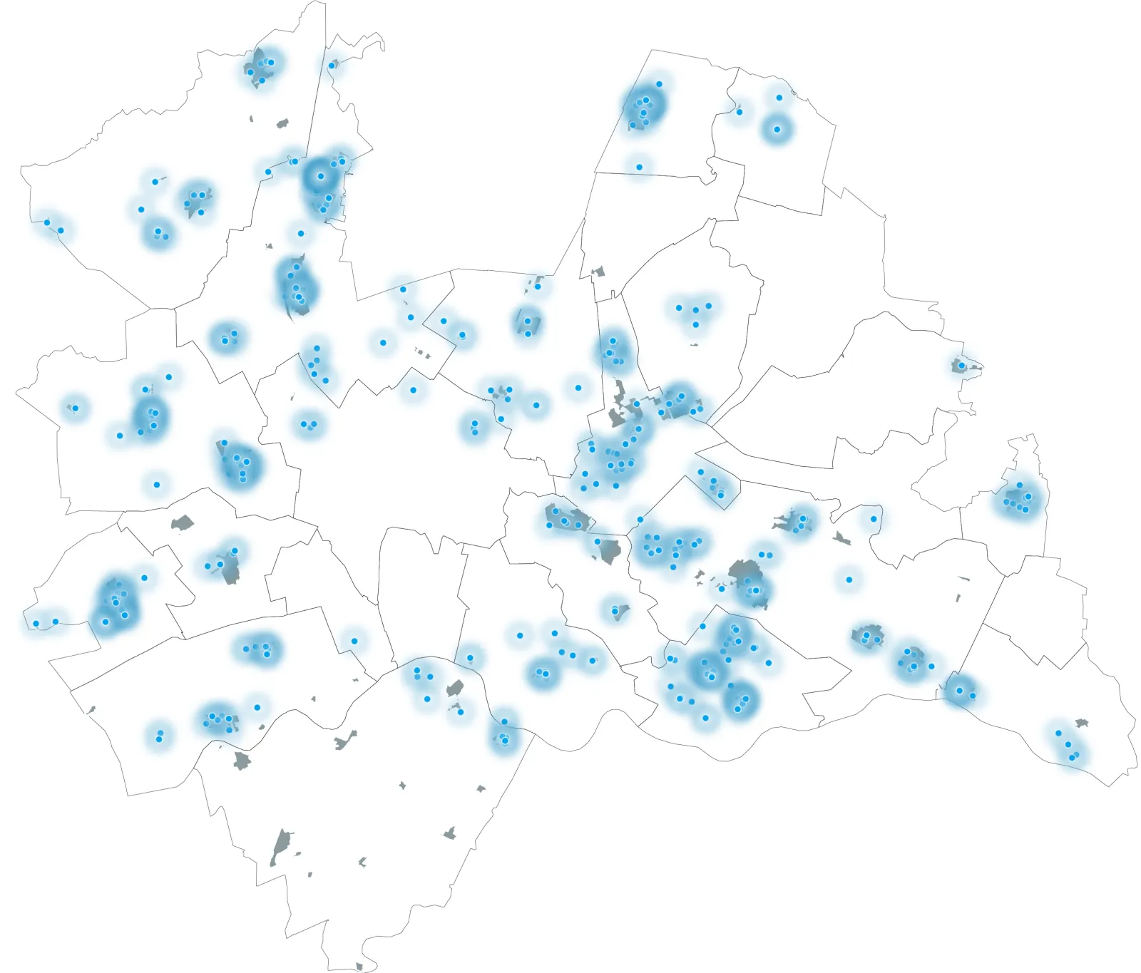 Kaart van alle aanbieders van cultuurbeoefening in de provincie Utrecht, en hun ligging ten opzichte van de kleine kernen..