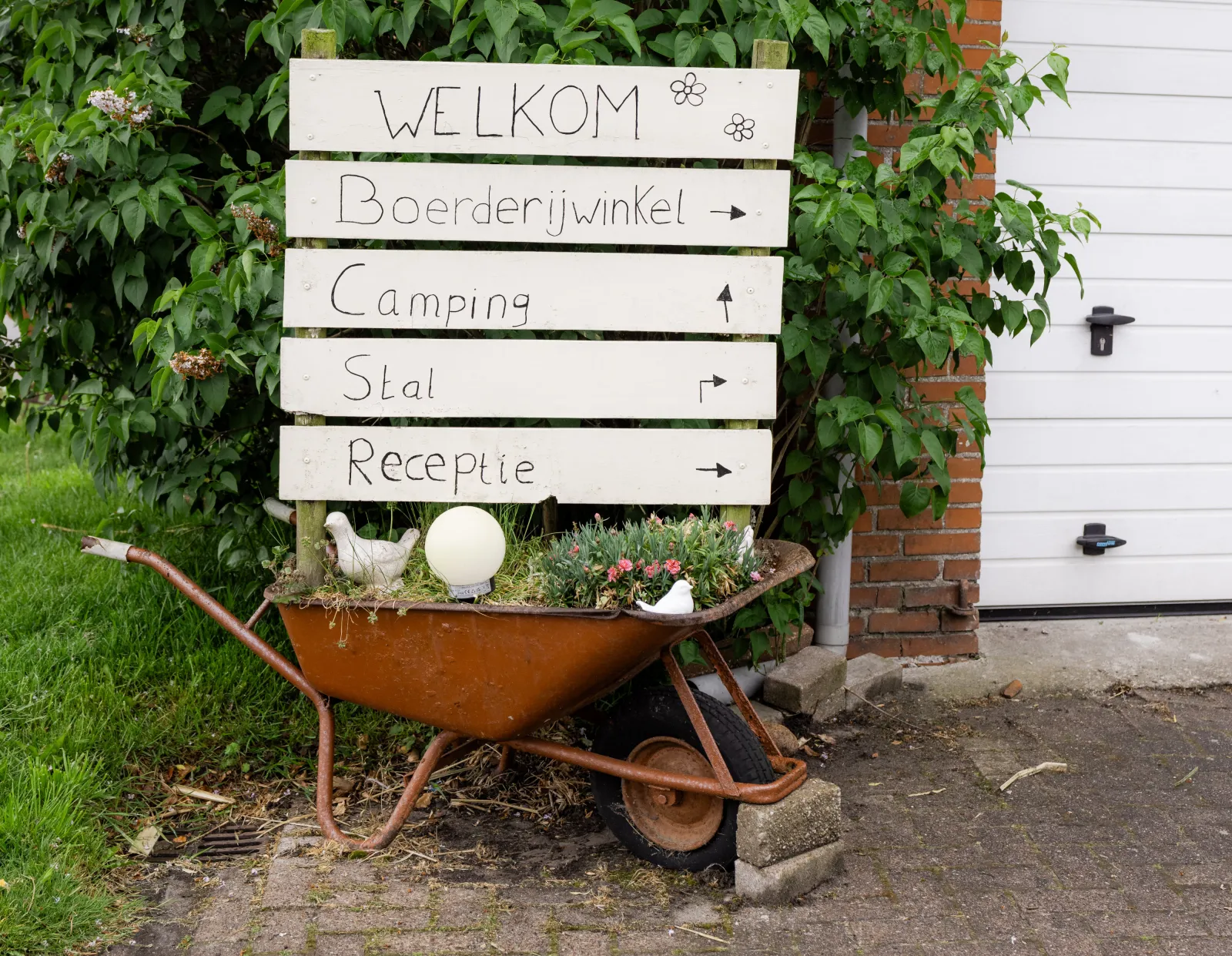 Een wegwijzer met de verschillende onderdelen van Koops Koeienpad: de winkel, camping, stal en receptie.