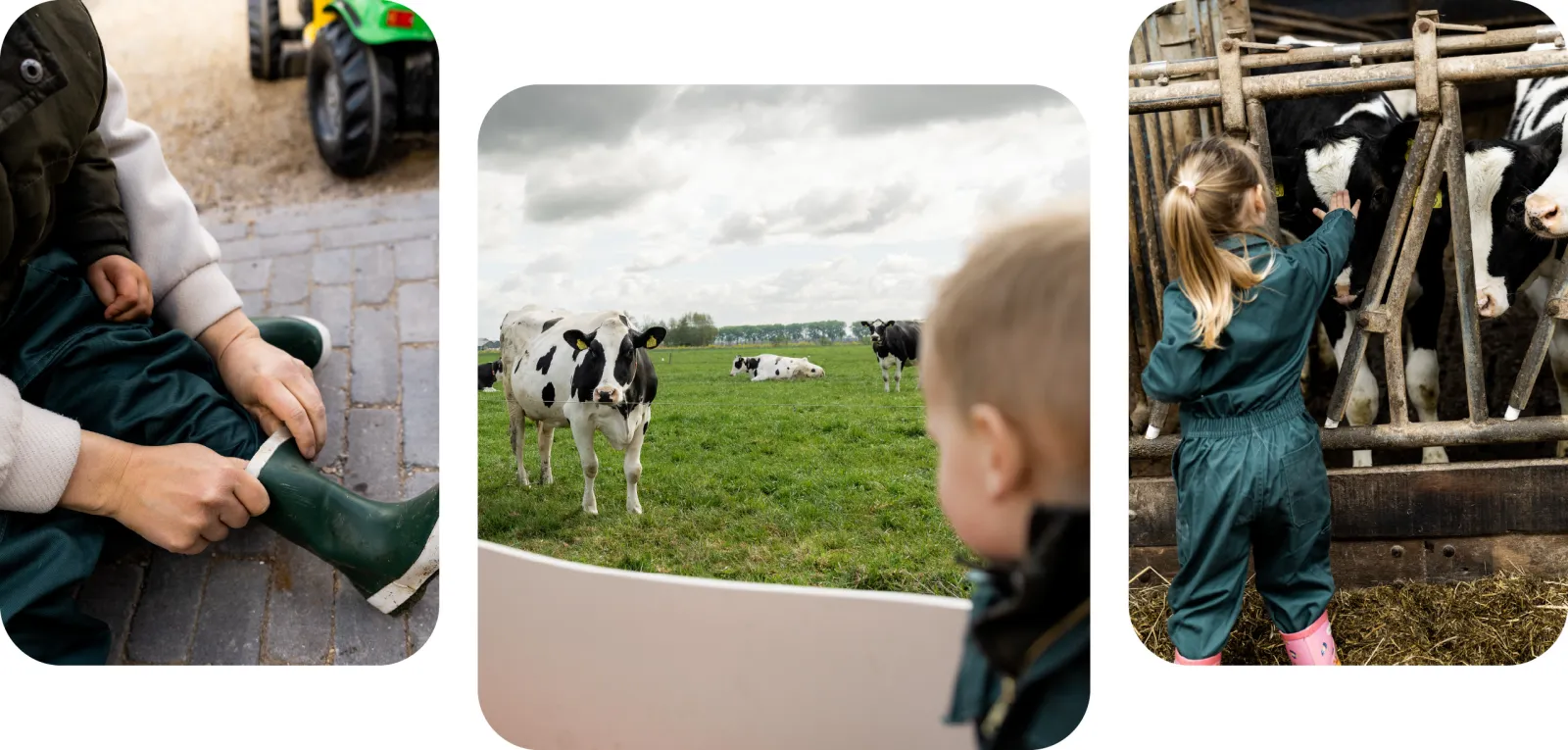 Kinderen krijgen laarzen en een overall aan zodat ze het boerenleven kunnen meemaken.