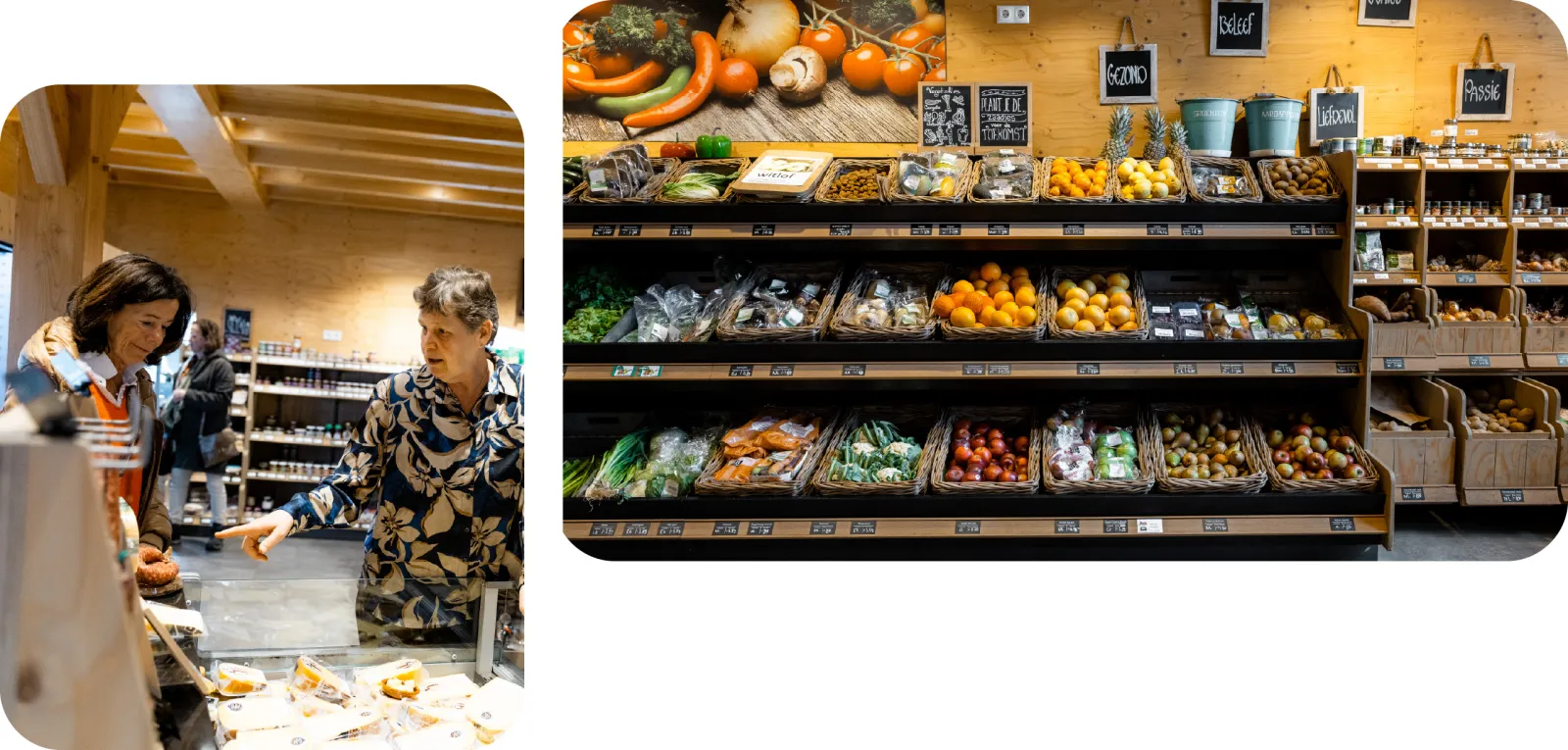 De boerderijwinkel met een volledig uitgeruste groenteafdeling. 