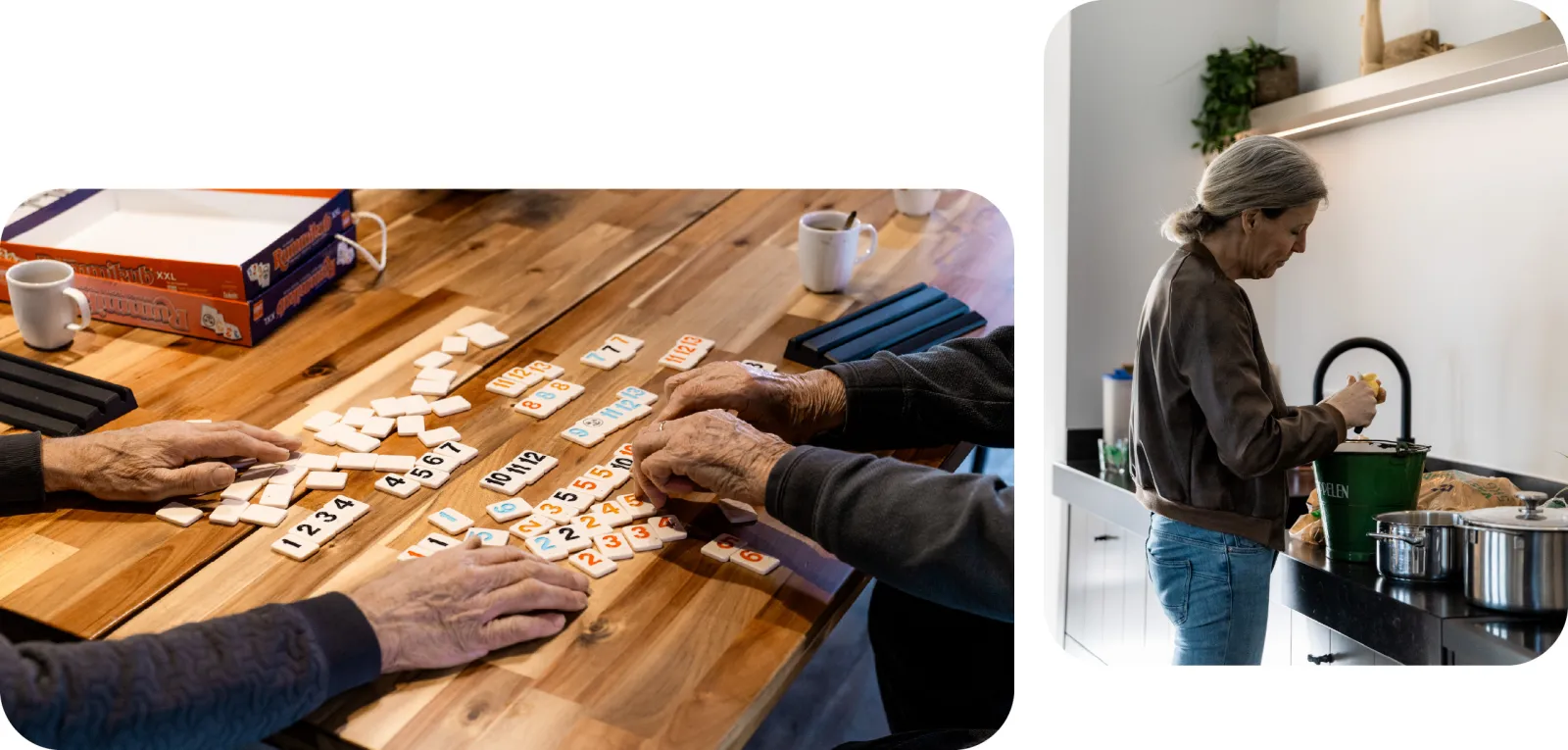 Petra in de keuken. Ouderen spellen samen Rummikub.