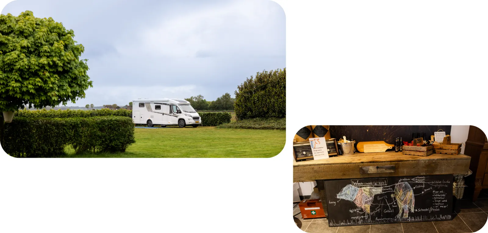 Een camper en boerderijwinkel op het terrein van Koops Koeienpad.