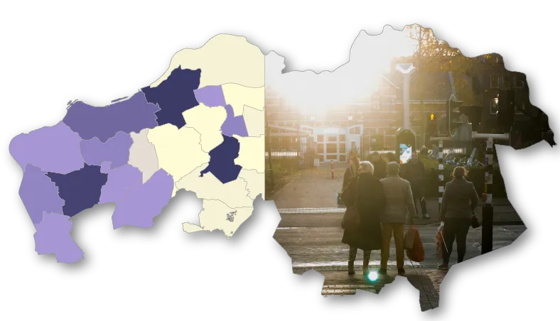 Een kaart van Brabant waarin data gevisualiseerd wordt. De helft is vervangen door een foto van mensen in Eindhoven.
