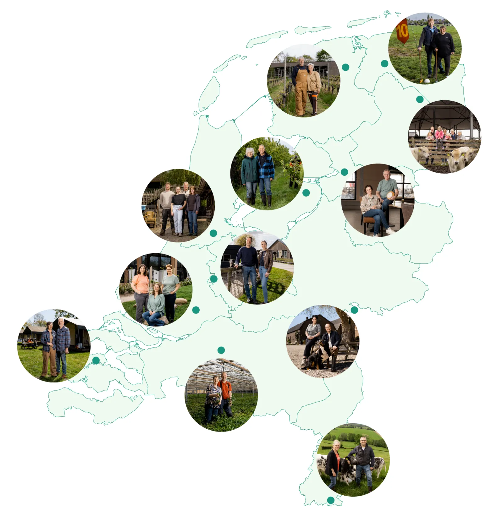 Kaart met daarop alle geïnterviewde boeren en de locatie van hun bedrijf aangegeven.