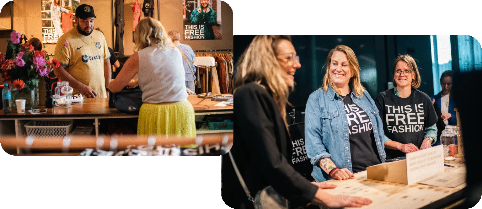 Vrijwilligers aan het werk in een Free Fashion popupwinkel.