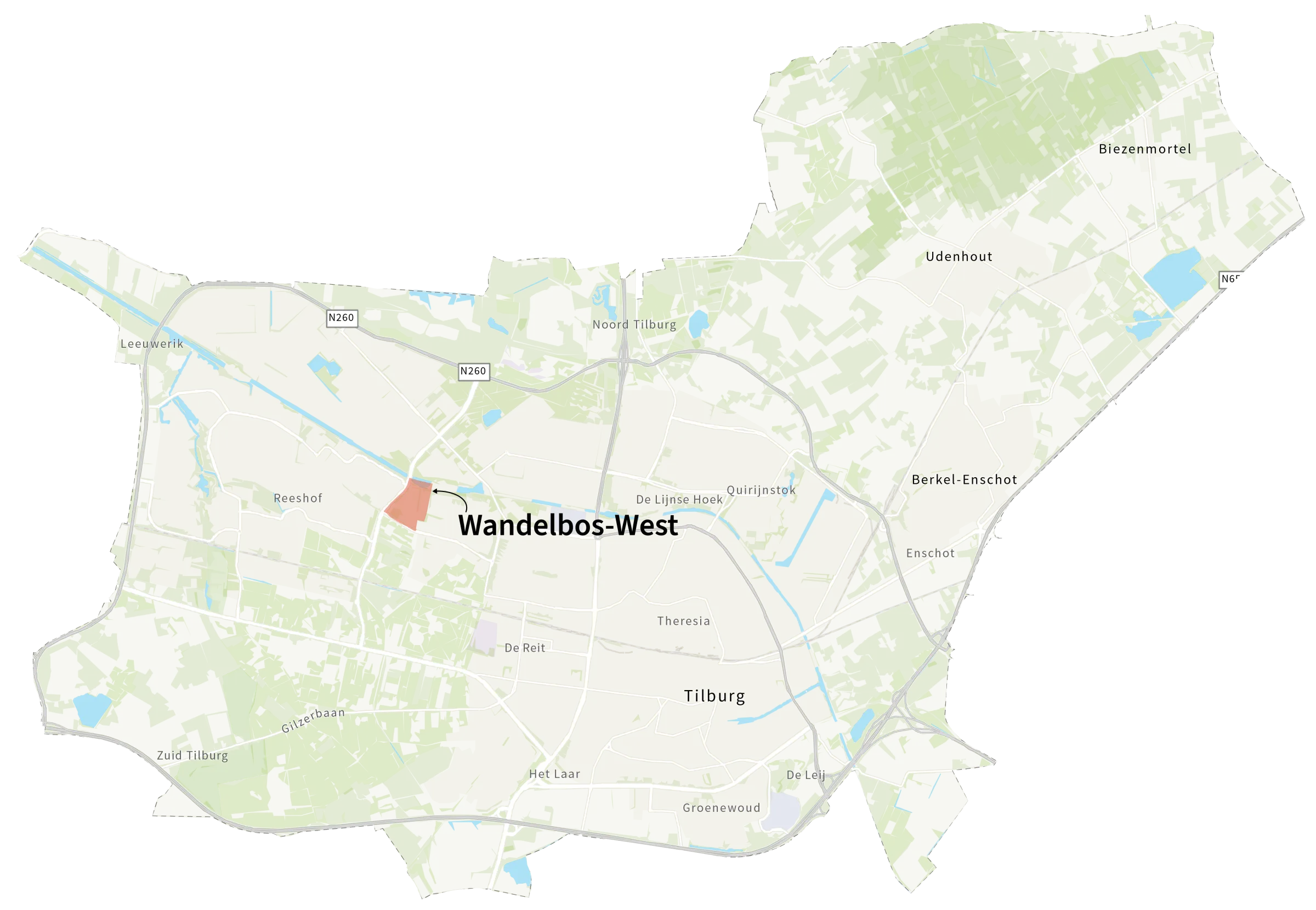 Een kaart van Tilburg, met de buurt Wandelbos-West aangegeven. 