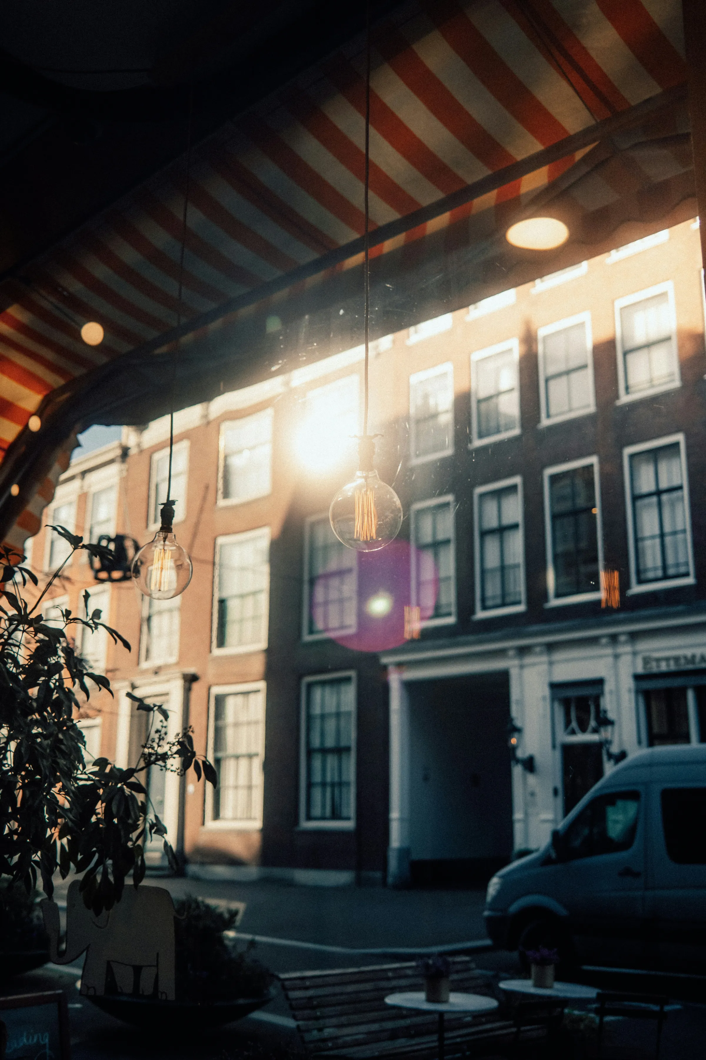 Gloeilampjes hangen in een winkel met uitzicht op een Haagse straat.